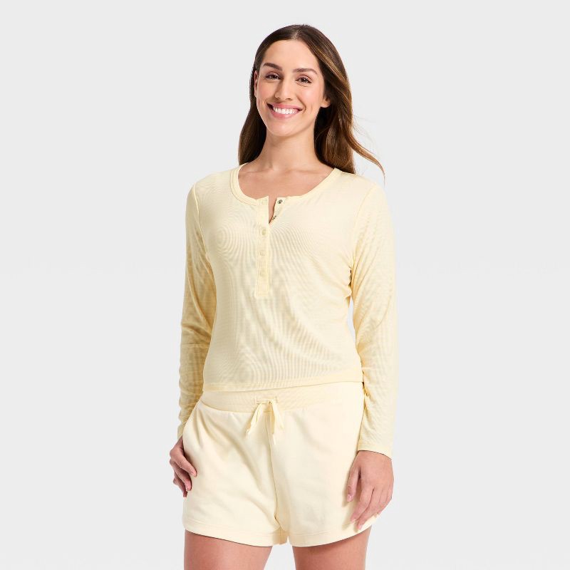slide 2 of 5, Women's Modal Ribbed Henley Long Sleeve Top - All In Motion™ Lemon Yellow XL, 1 ct