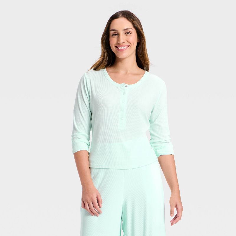 slide 2 of 5, Women's Modal Ribbed Henley Long Sleeve Top - All In Motion™ Mint Green M, 1 ct