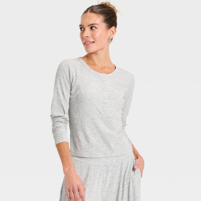 slide 5 of 5, Women's Modal Ribbed Henley Long Sleeve Top - All In Motion™ Heathered Gray M, 1 ct