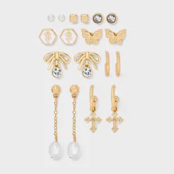 Girls' 9pk Earring Set with Butterfly Studs and Hoops with Cross Charms - art class™