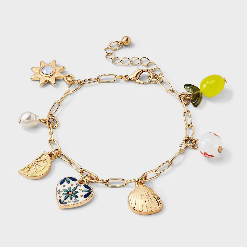 slide 1 of 3, Girls' Charm Bracelet with Hearts, Sun and Lemon Charms- art class™, 1 ct