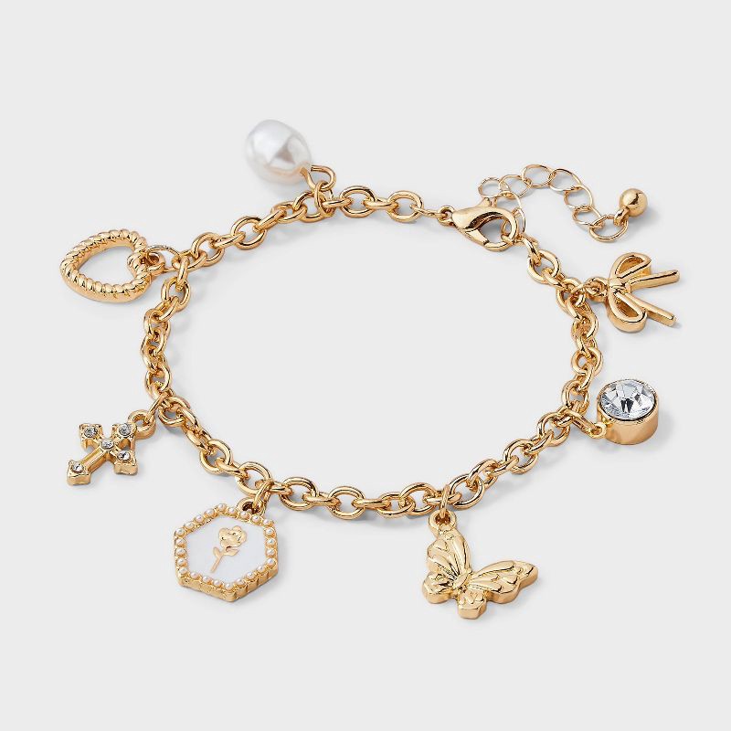 slide 1 of 3, Girls' Charm Bracelet with Hearts, Bow and Cross Charms- art class™, 1 ct