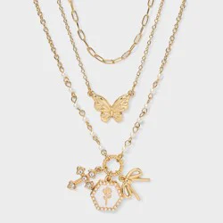 Girls' 3pk Layered Necklace Set with Butterfly Cross and Bow Charms- art class™
