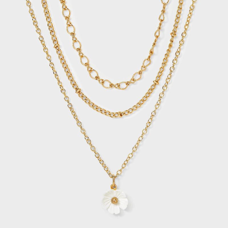 slide 1 of 3, Girls' 3pk Layered Necklace Set with Flower Charm - Art Class™ Gold, 3 ct