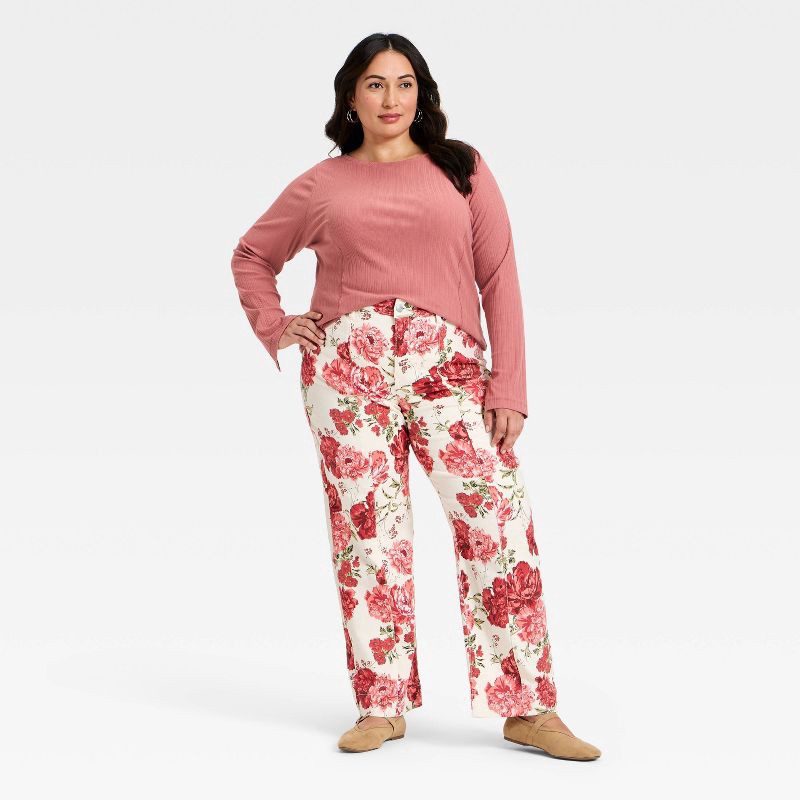 slide 3 of 3, Women's High-Rise Straight Leg Jeans - Ava & Viv™ Rose Print 24, 1 ct