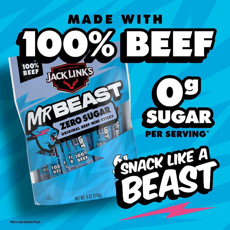 slide 4 of 9, Jack Link's MrBeast Zero Sugar Mini Beef Sticks Original - 6oz/12ct, 6 oz, 12 ct