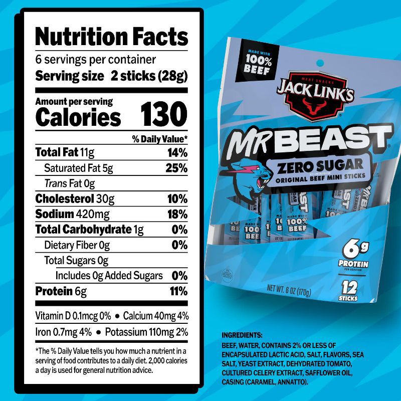 slide 7 of 9, Jack Link's MrBeast Zero Sugar Mini Beef Sticks Original - 6oz/12ct, 6 oz, 12 ct