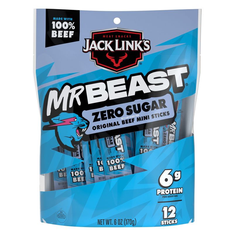 slide 1 of 9, Jack Link's MrBeast Zero Sugar Mini Beef Sticks Original - 6oz/12ct, 6 oz, 12 ct