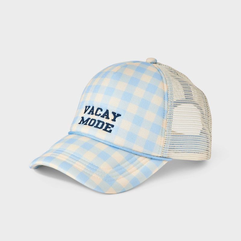 slide 1 of 3, Girls' Embroidered 'Vacay Mode' Gingham Baseball Hat - art class™ Blue, 1 ct