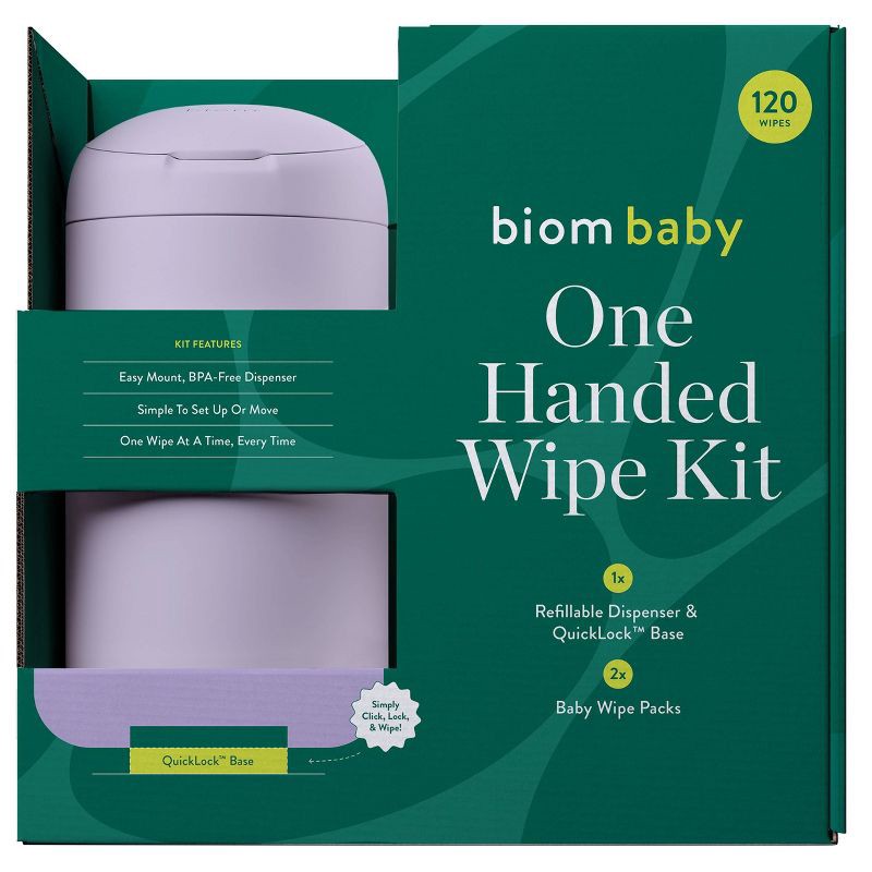 slide 1 of 6, Biom 99% Water Hypoallergenic Baby Starter Kit - Lilac - Fragrance Free - 120ct: Refillable Container, Contains Aloe, Contains Vitamin E, 120 ct