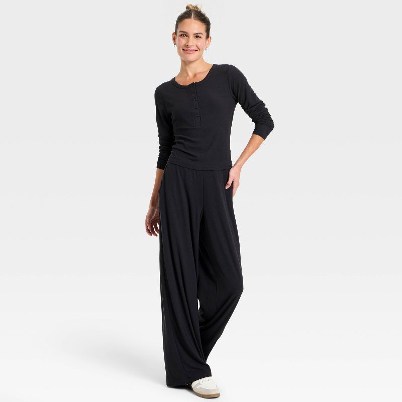 slide 2 of 5, Women's Rib-Knit High-Rise Wide Leg Pants - All In Motion™ Black XS, 1 ct