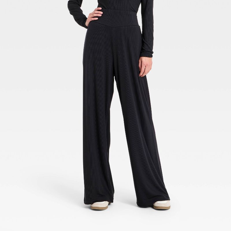 slide 1 of 5, Women's Rib-Knit High-Rise Wide Leg Pants - All In Motion™ Black M, 1 ct