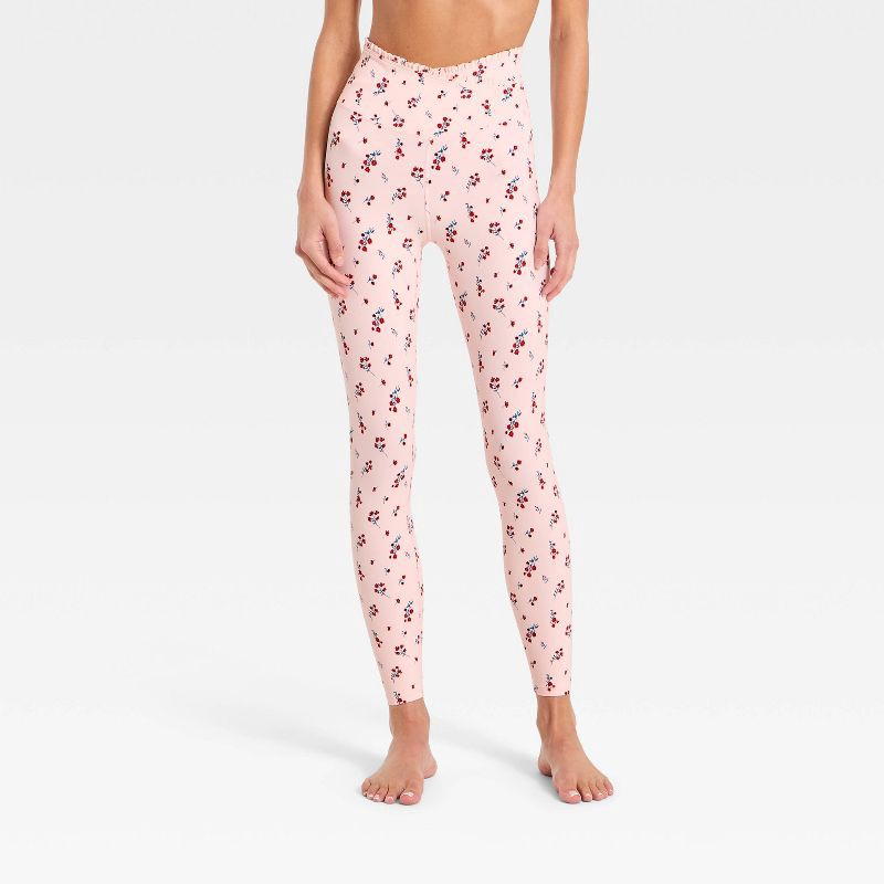 slide 1 of 5, Women's Everyday Soft Ultra High-Rise Ruffle Crossover 7/8 Leggings - All In Motion™ Light Pink Floral XS, 1 ct