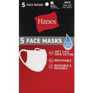slide 1 of 1, Hanes White Face Masks, Washable & Reusable, 5 Ct, 5 ct