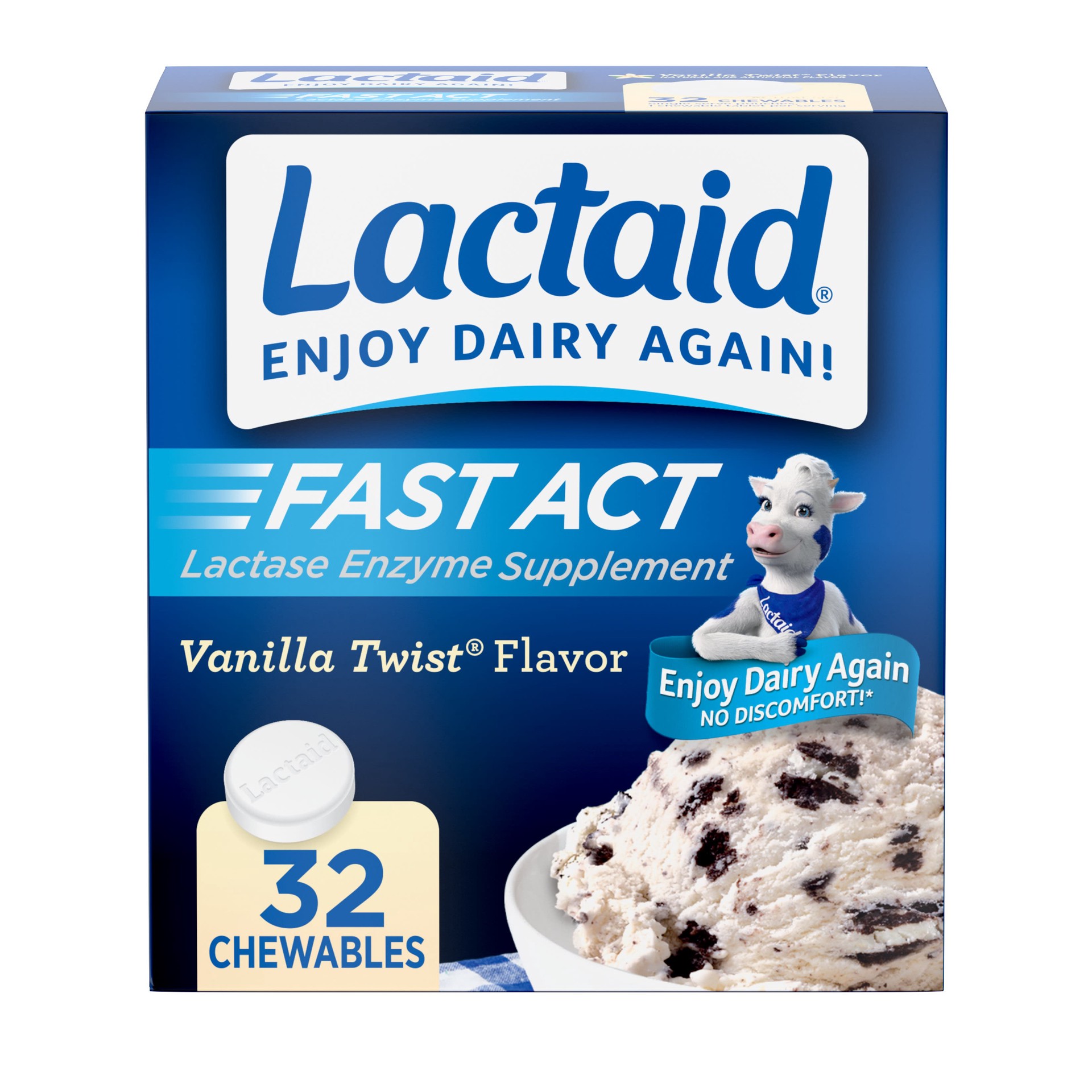 slide 1 of 6, Lactaid Fast Act Lactose Intolerance Relief Chewables with Natural Lactase Enzyme to Prevent Gas, Bloating & Diarrhea Due to Lactose Sensitivity, On-the-Go, Vanilla Twist Flavor, 32 x 1 ct, 32 ct