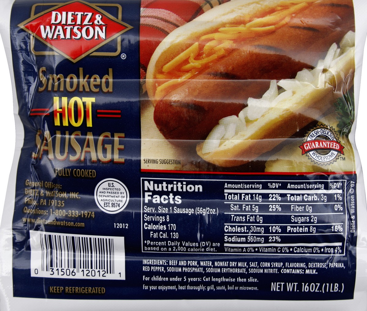 slide 3 of 5, Dietz & Watson Sausage, Smoked, Hot, 16 oz