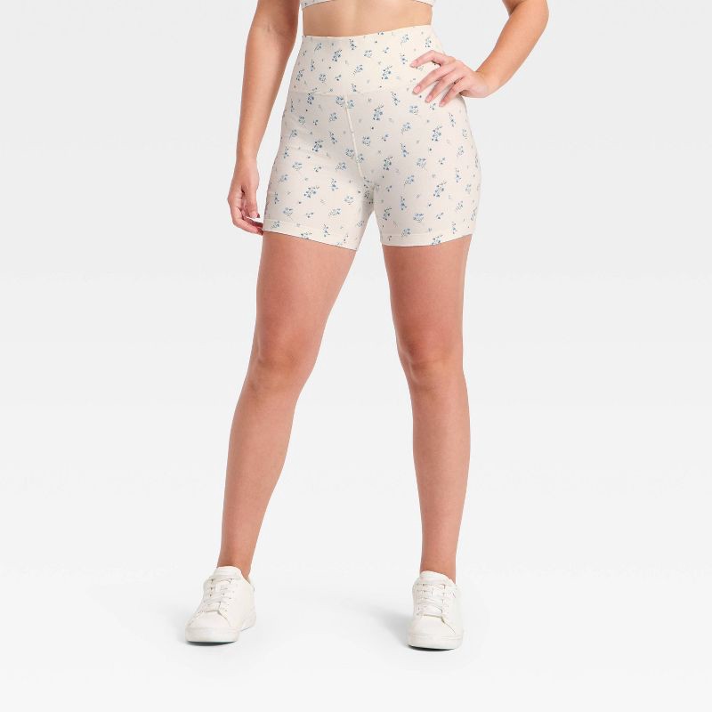 slide 4 of 5, Women's High-Rise Cotton Balance Cotton Spandex Blend Bike Shorts 5" - All In Motion™ Cream Floral S, 1 ct