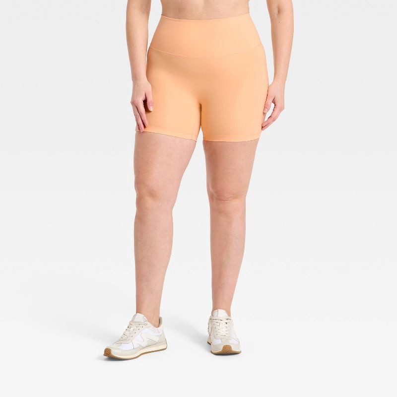 slide 4 of 5, Women's Super Flex High Rise Pocketed Bike Shorts 5" - All in Motion™ Melon Orange XXL, 1 ct