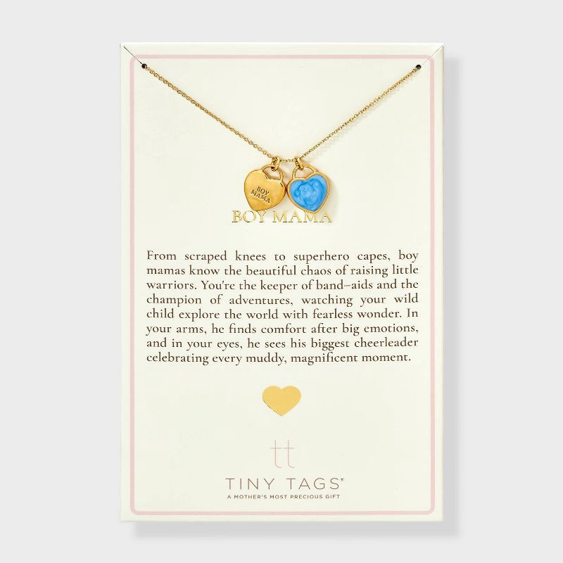 slide 3 of 5, Tiny Tags 14K Gold Ion Plated "Boy Mama" Heart with Blue Swirl Enamel Double Heart Pendant Necklace - Gold/Blue, 1 ct