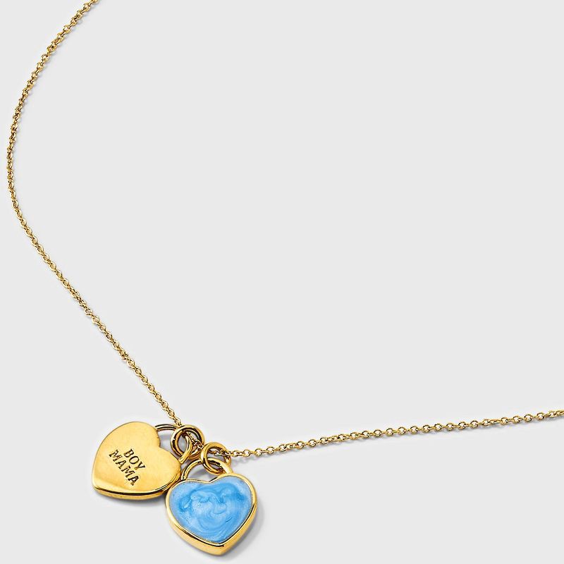 slide 5 of 5, Tiny Tags 14K Gold Ion Plated "Boy Mama" Heart with Blue Swirl Enamel Double Heart Pendant Necklace - Gold/Blue, 1 ct