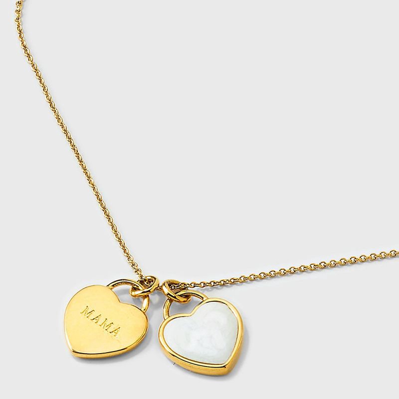 slide 5 of 6, Tiny Tags 14K Gold Ion Plated "Mama" Double Heart Pendant Necklace - Gold/White, 1 ct