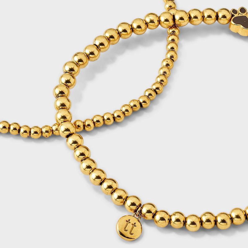 slide 5 of 5, Tiny Tags 14K Gold Ion Plated with Brown Enamel Paw Print Beaded Stretch Bracelet Set - Gold, 1 ct