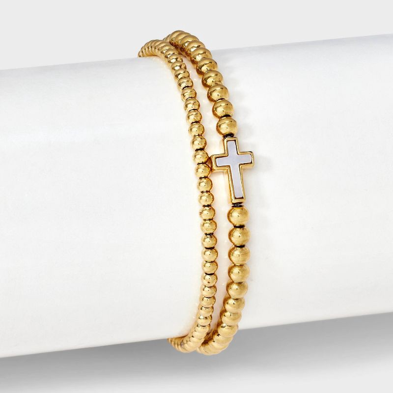 slide 2 of 6, Tiny Tags 14K Gold Ion Plated with Mother of Pearl Inlay Cross Beaded Stretch Bracelet Set - Gold, 1 ct