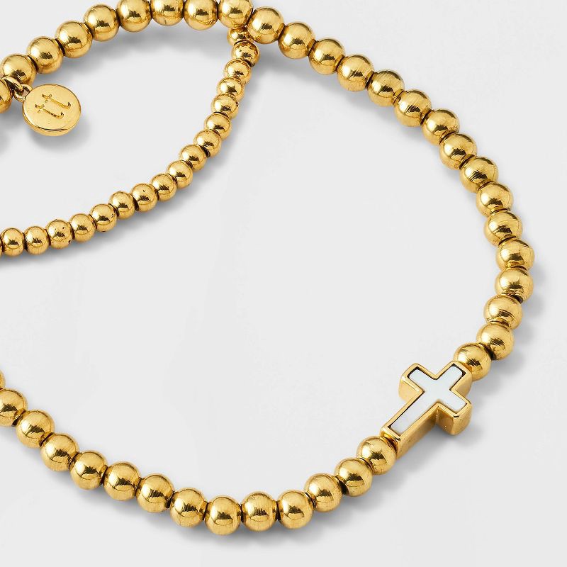 slide 4 of 6, Tiny Tags 14K Gold Ion Plated with Mother of Pearl Inlay Cross Beaded Stretch Bracelet Set - Gold, 1 ct