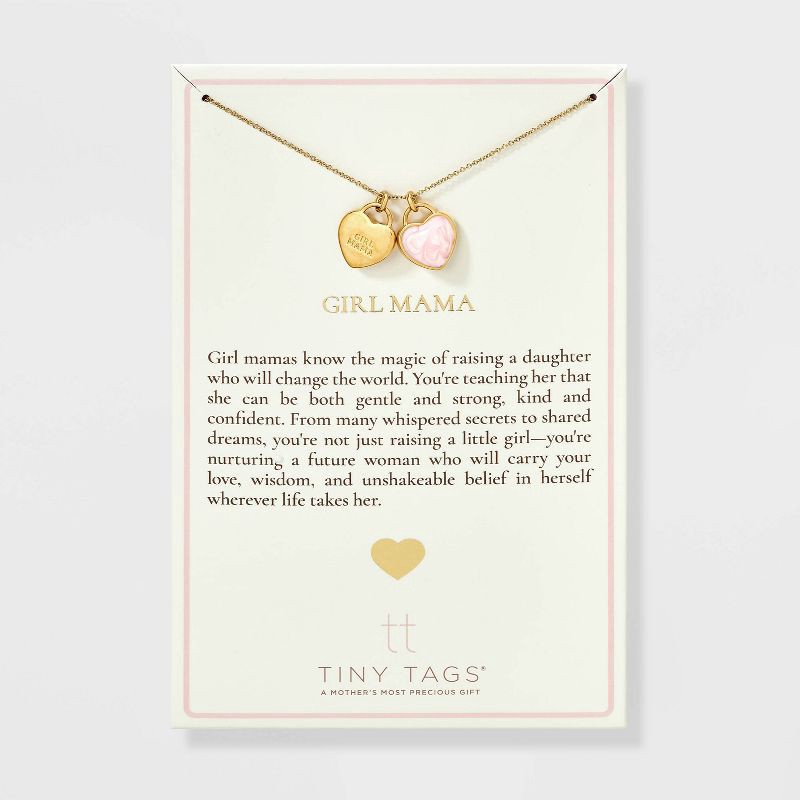 slide 3 of 5, Tiny Tags 14K Gold Ion Plated "Girl Mama" Heart with Pink Swirl Enamel Double Heart Pendant Necklace - Gold/Pink, 1 ct