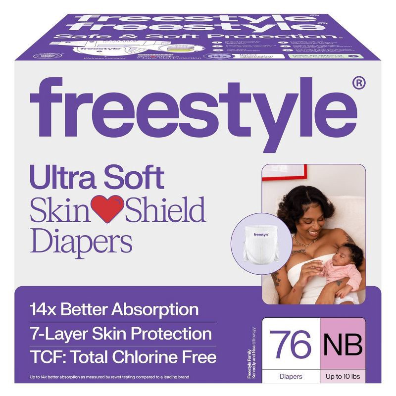 slide 1 of 10, Freestyle Total Chlorine Free 14x Better Absorption Hypoallergenic Baby Diapers - Newborn - 76ct, 76 ct