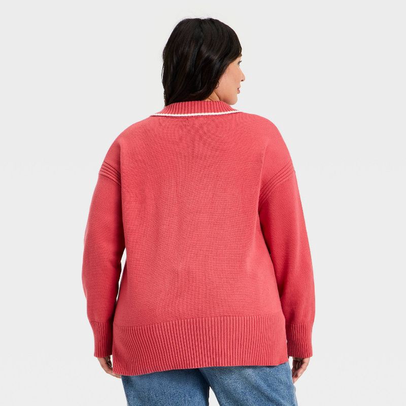 slide 2 of 3, Women's Long Sleeve Knit Johnny Collar Sweater - Ava & Viv™ Coral Red 1X, 1 ct
