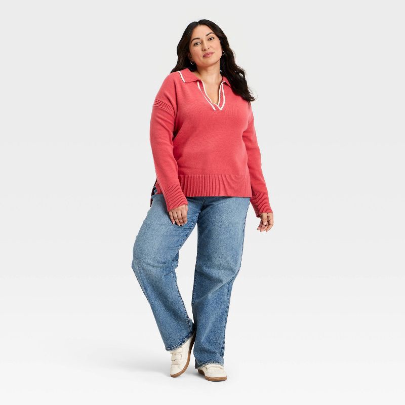 slide 3 of 3, Women's Long Sleeve Knit Johnny Collar Sweater - Ava & Viv™ Coral Red 2X, 1 ct