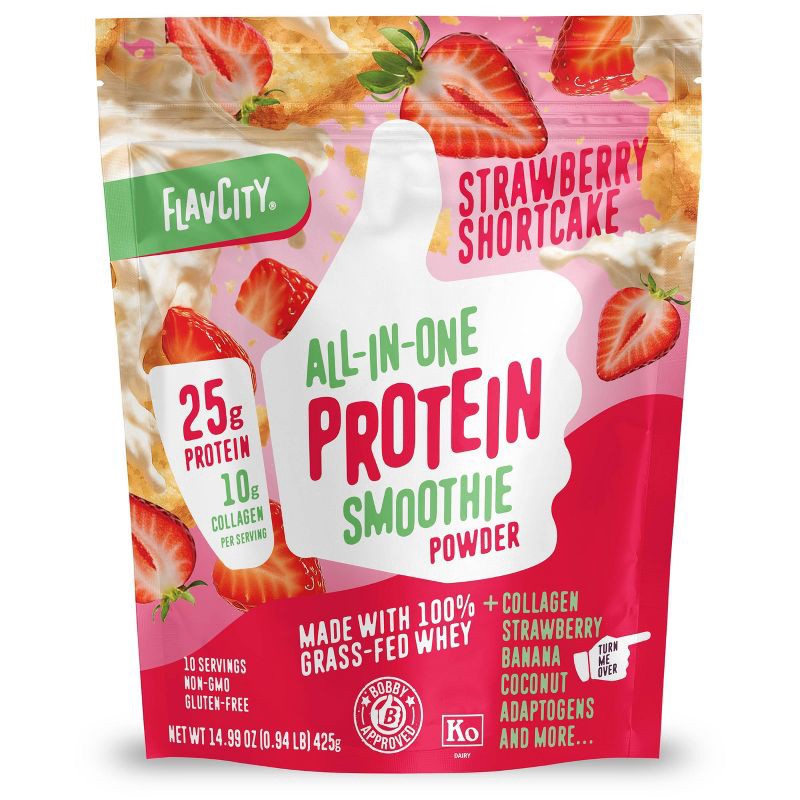 slide 1 of 8, FlavCity Protein Smoothie Powder - 10 Servings - Strawberry Shortcake - 425gms, 10 servings
