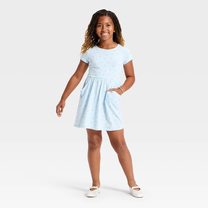 slide 3 of 3, Girls' Short Sleeve Floral Knit Dress - Cat & Jack™ Light Blue S, 1 ct