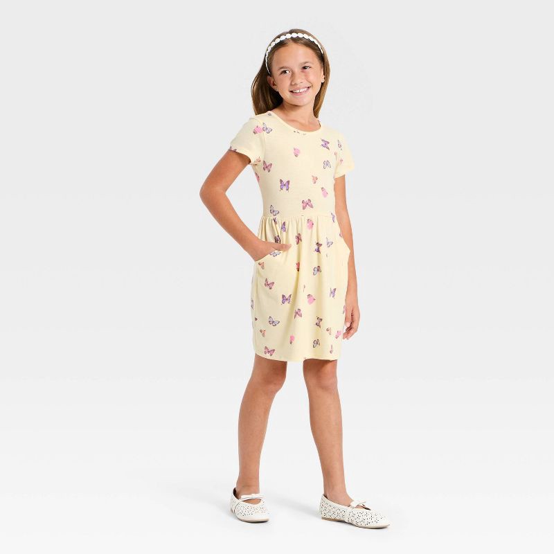 slide 3 of 3, Girls' Short Sleeve Butterfly Knit Dress - Cat & Jack™ Pale Yellow M, 1 ct