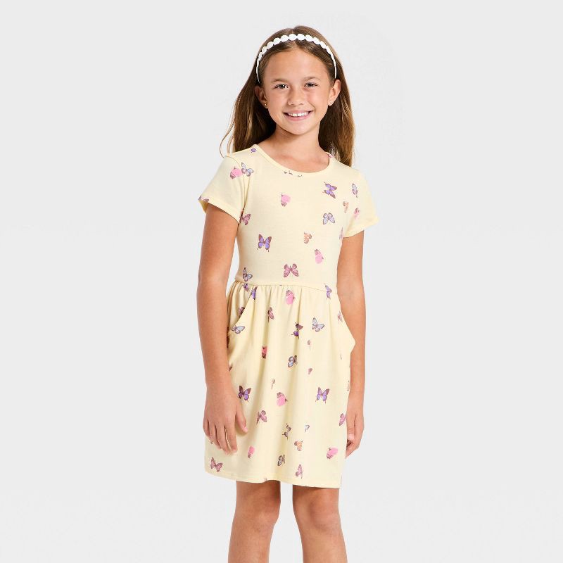 slide 1 of 3, Girls' Short Sleeve Butterfly Knit Dress - Cat & Jack™ Pale Yellow XL, 1 ct