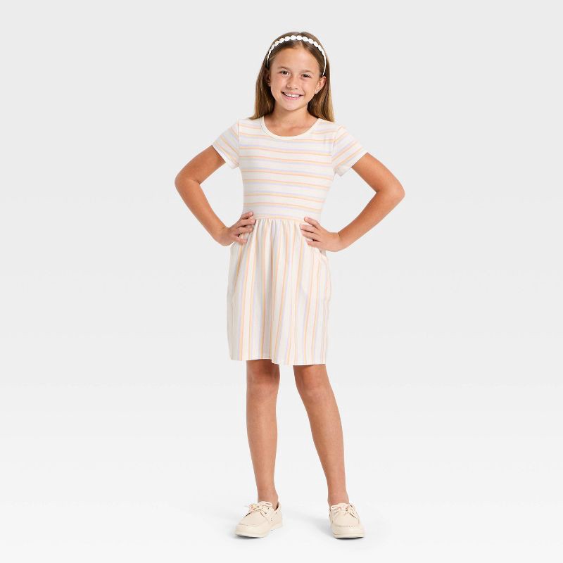 slide 3 of 3, Girls' Short Sleeve Striped Knit Dress - Cat & Jack™ Cream/Pink S, 1 ct
