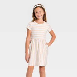 Girls' Short Sleeve Striped Knit Dress - Cat & Jack™ Cream/Pink M