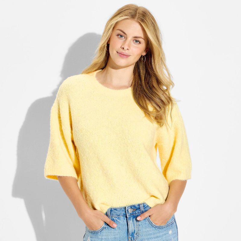 slide 1 of 3, Women's Short Sleeve Crewneck Pullover Sweater - Wild Fable™ Yellow M, 1 ct
