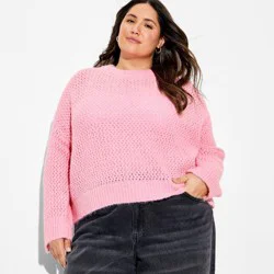 Women's Openwork Crewneck Pullover Sweater - Wild Fable™ Pink XXL