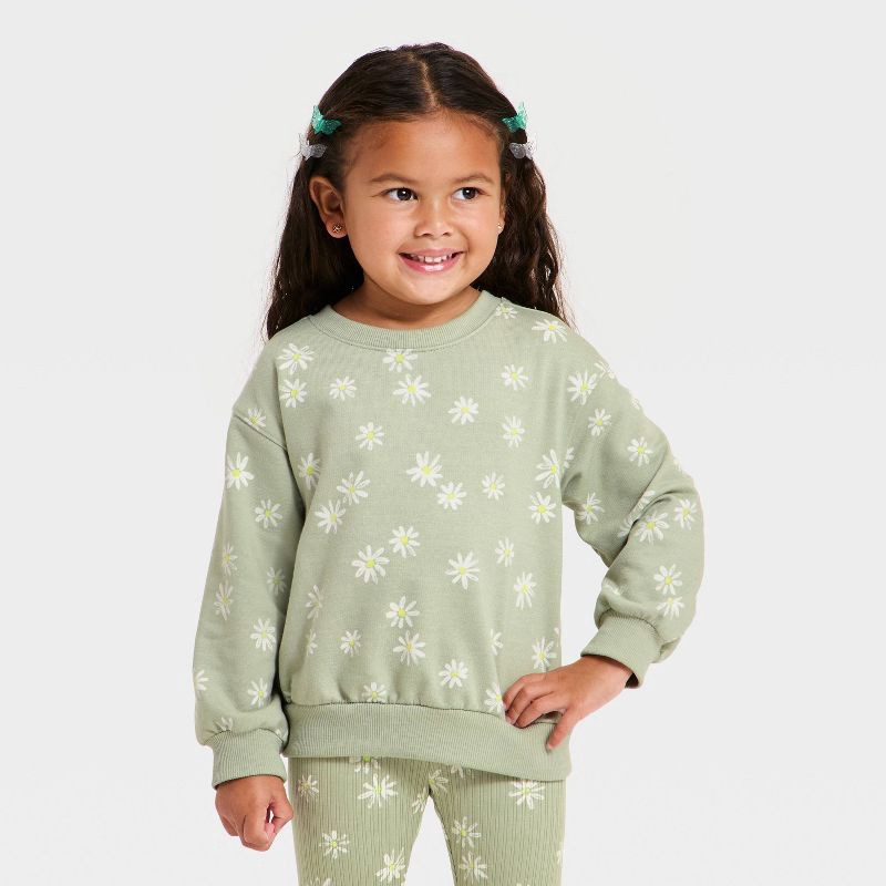 slide 3 of 4, Toddler Girls' Daisy Sweatshirt and Pants Set - Cat & Jack™ Olive Green 3T, 1 ct