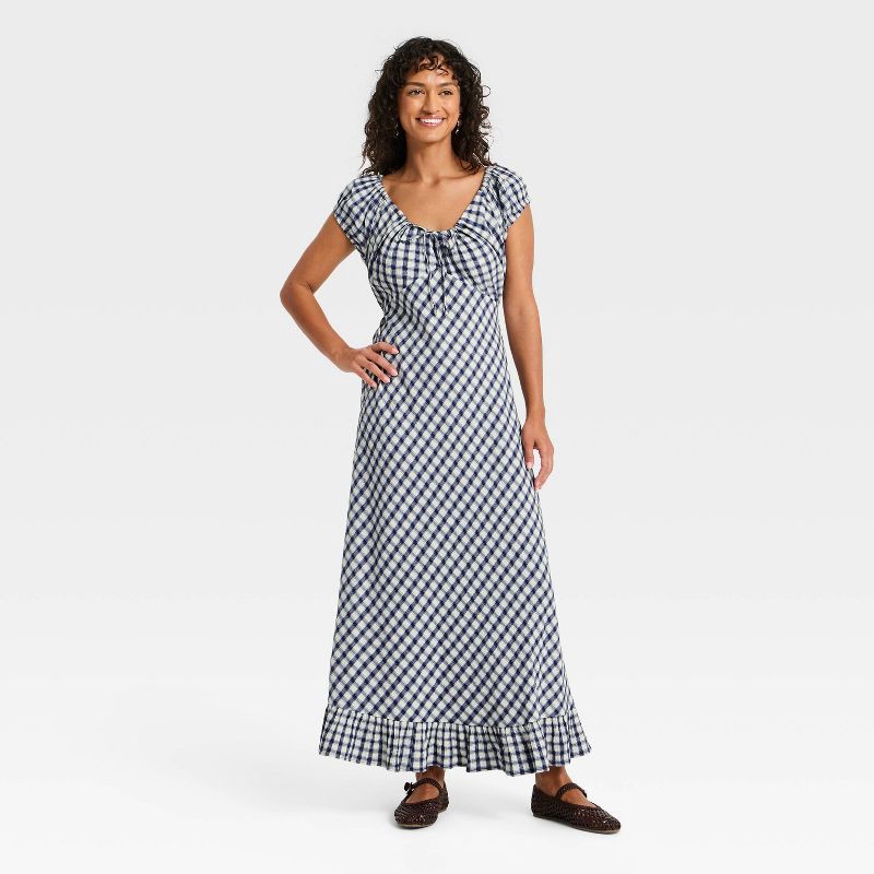 slide 1 of 3, Women's Puff Short Sleeve Ankle Sundress - Universal Thread™ Navy Blue Gingham XS, 1 ct