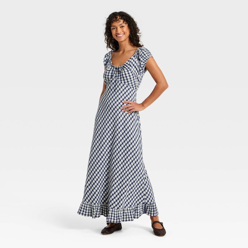slide 3 of 3, Women's Puff Short Sleeve Ankle Sundress - Universal Thread™ Navy Blue Gingham L, 1 ct
