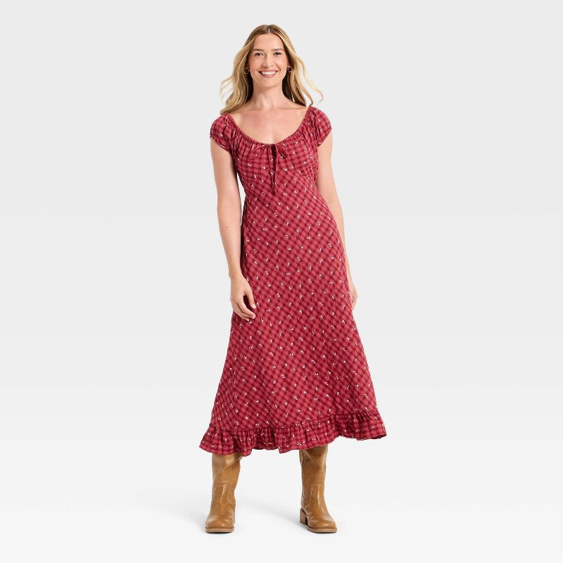 slide 3 of 3, Women's Puff Short Sleeve Ankle Sundress - Universal Thread™ Red Floral M, 1 ct