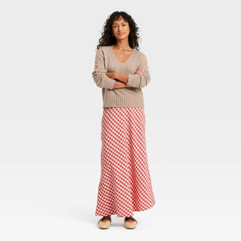 slide 3 of 3, Women's Printed Midi Full Skirt - Universal Thread™ Red Gingham L, 1 ct