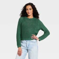 Women's Crochet Openwork Crewneck Pullover Sweater - Universal Thread™ Green L