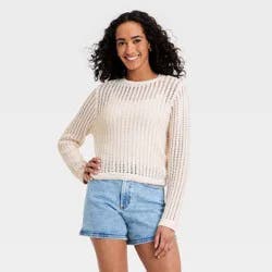 Women's Crochet Openwork Crewneck Pullover Sweater - Universal Thread™ Cream L