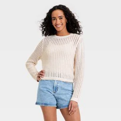 Women's Crochet Openwork Crewneck Pullover Sweater - Universal Thread™ Cream XL