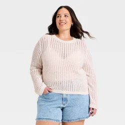 Women's Crochet Openwork Crewneck Pullover Sweater - Universal Thread™ Cream XXL