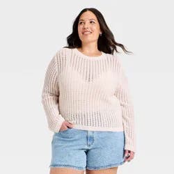 Women's Crochet Openwork Crewneck Pullover Sweater - Universal Thread™ Cream XXL